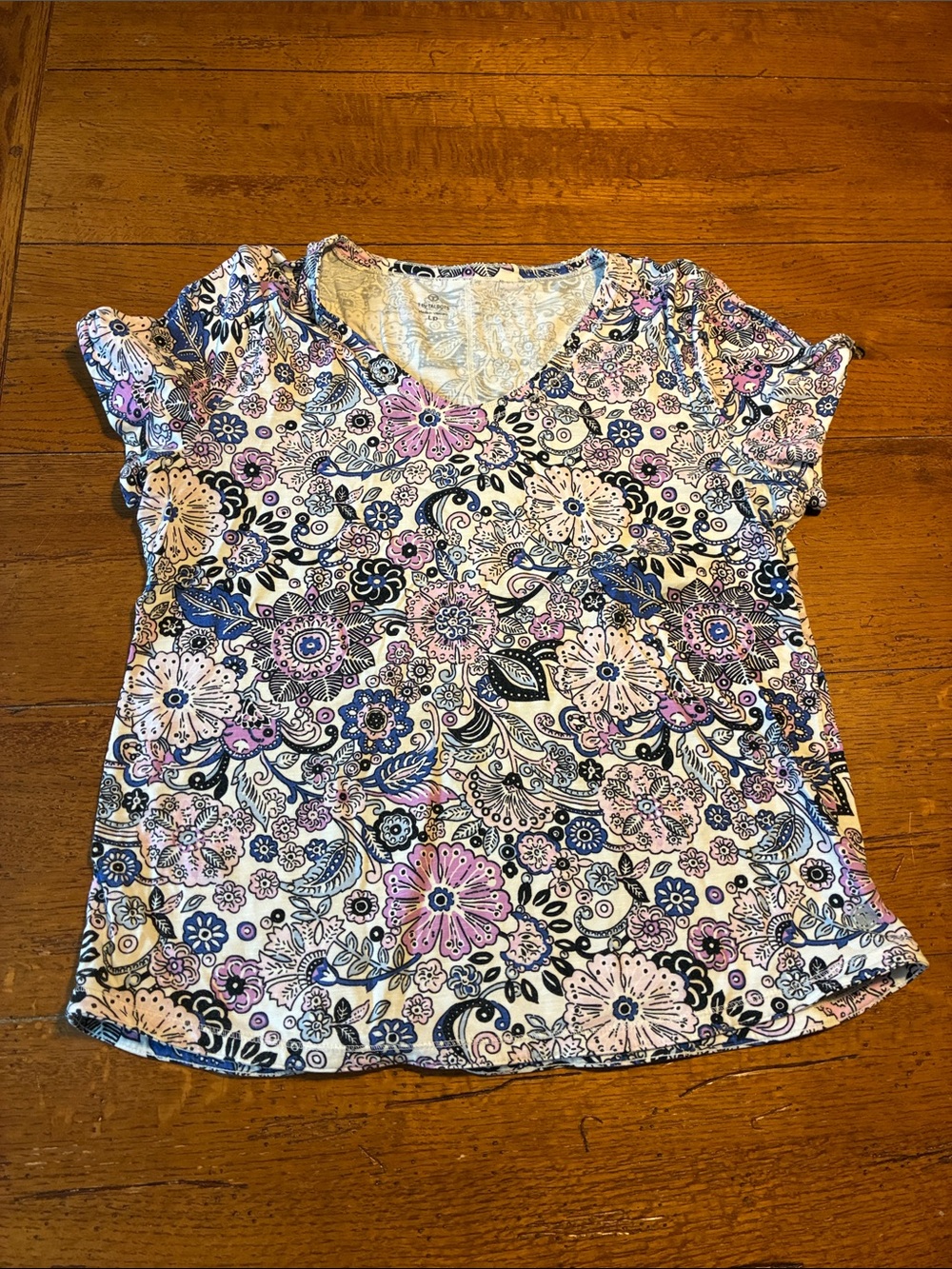 Talbots Floral V-Neck Short Sleeve Top with Blue & Pink Accents